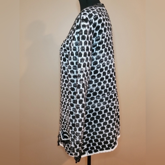 KEREN HART Cardigan, Black and White with Fringe Detail, Size Medium - Picture 3 of 12